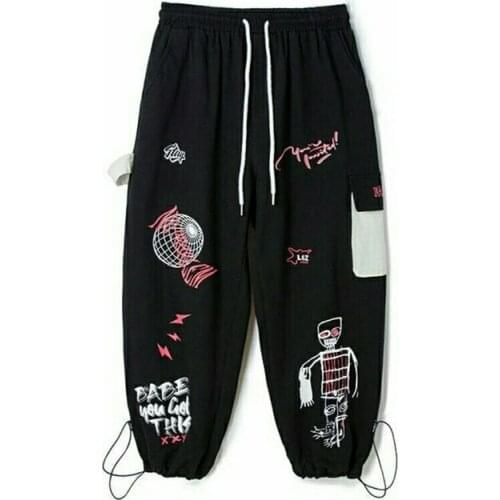 HOUZHOU Korean Fashion Black Cartoon Anime Cargo Pants Women Streetwear Oversize Graffiti Print Joggers Sweatpants Baggy Autumn