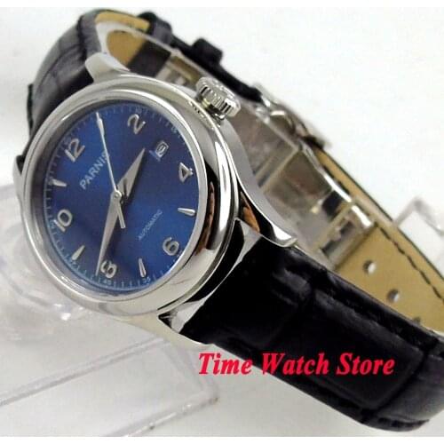 27mm Parnis lady wrist watch sapphire Royal leather bracelet steel blue dial waterproof dive pilot auto mechanical japan 1069