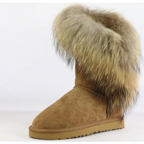New Fashion Women Non-slip Snow Boots 100% Genuine Leather Mid-Calf Boots Natural Fox Fur Winter Boots Shoes