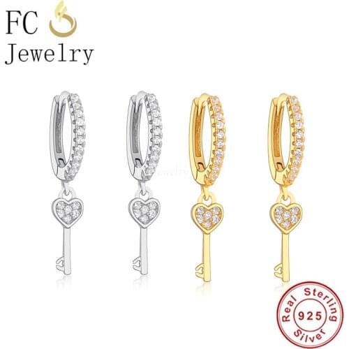 FC Jewelry 925 Sterling Silver Heart Key Mix Zirconia Piercing Stud Earring For Women Accessories Boucle Brincos 2020 Fashion