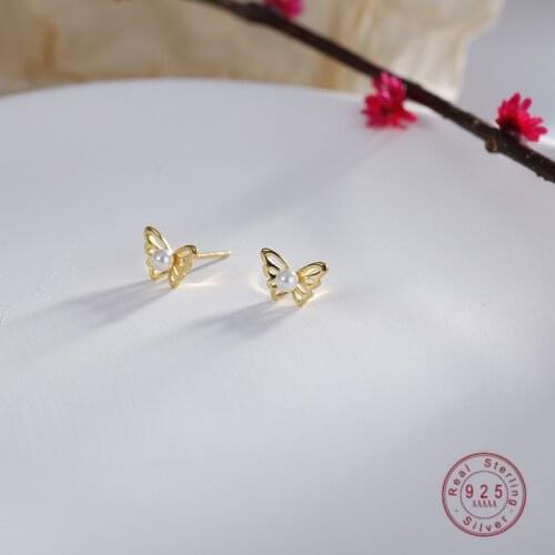 925 Sterling Silver Korea Exquisite Pearl Butterfly Stud Earrings For Women Fashion Wedding Jewelry Gift