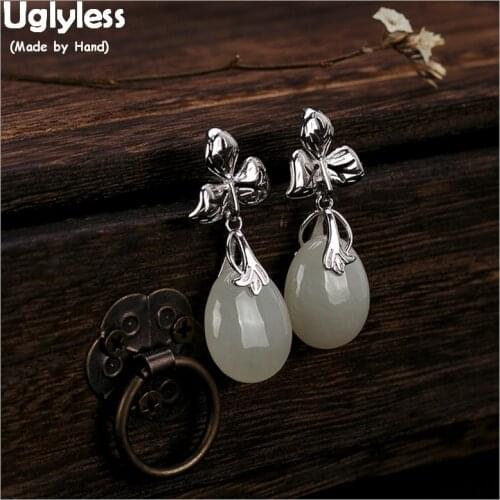 Uglyless Real 925 Sterling Silver Handmade Leaves Earrings for Women Natural Jade Water Drop Earrings Thai Silver Fine Jewelry