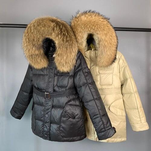 2021 Large Real Raccoon Fox Fur Down Jacket Women 90% White Duck Down Coat Hooded Warm Parkas Female Overcoat With Belt