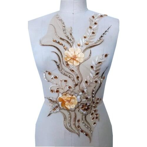 Sew on beads rhinestones champagne 3D lace applique triming patches 53*23cm for dress DIY accessories