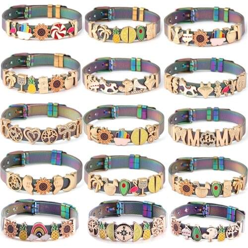 Avocado Lemon Pineapple Camera Charm Slide Beads Bracelet Fit Brand 10mm Stainless Steel Mesh Bracelets For Women Jewelry Gift