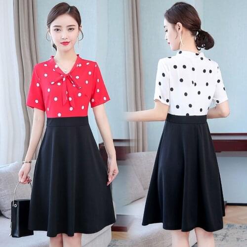 Fake Two Pieces Wave Point Bow Summer Chiffon Short Sleeve V-Neck Knee-Length A-Line Plus Size Holiday Cocktail Dresses 9619