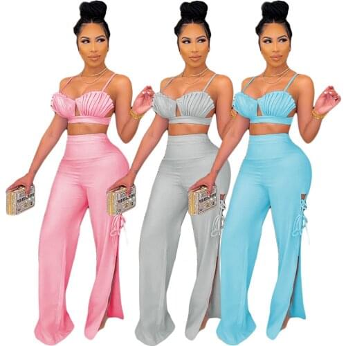 Echoine 2 Piece Set Pleated Bra Crop Top Flare Pants Sexy Side Split Bandage Lace Up Trousers Beach Swimsuit Outfits Clubwear