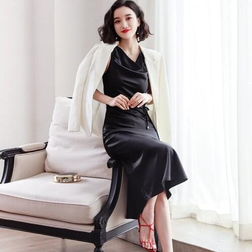 Summer Long Satin waistband Sleeveless Dress Women Italian Banquet Dress Elegant Fashion Retro Silk Vest Dress black dress