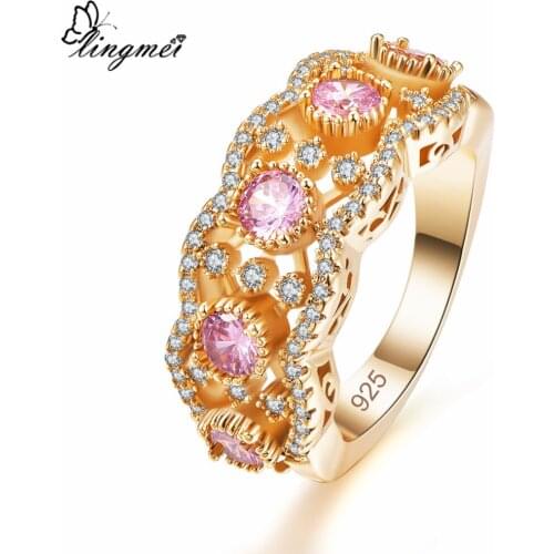 Lingmei New Arrival RoundChampagnePink White CZ GoldRing Size 6-9 Gorgeous Shinning Women Jewelry Wholesale