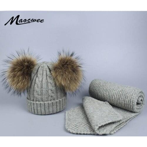 Cute Winter Baby Knit Hat and Scarf Set With Two Fur Pompoms for Girls Boys Beanie Knitted Natural Mink Poms Panama Children