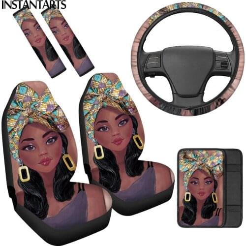 INSTANTARTS Fashion African Girls Design Universal Car Seat Covers Steering Wheel Cover Soft Console Cover Safety Belt Cover New