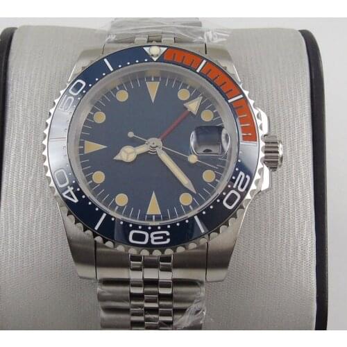 Sapphire Crystal 40mm Blue Dial Blue Orange Ceramic Bezel GMT Function Stainless Band Automatic Movement Mens Watch