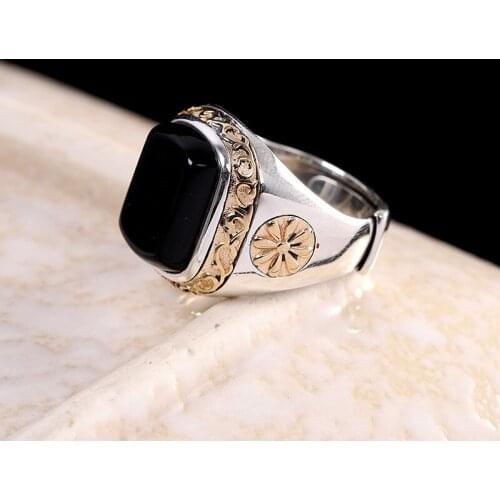 925 Sterling Silver Mens black agate VINTAGE ring rings A6004