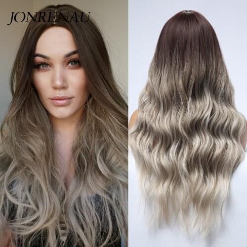 JONRENAU Long Synthetic Natural Wave Brown Ombre Hair Wigs Heat Resistant Hair Wigs for Women Cosplay Salon Glueless wig