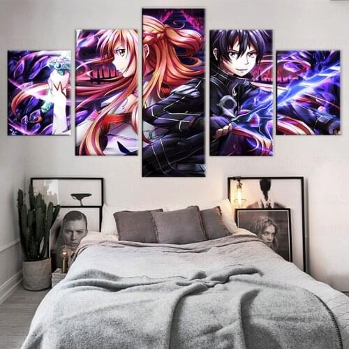 Canvas Prints Poster 5 Pieces Sword Art Online Canvas Painting Frameworks For Kids Room Cuadros Decor Wall Modular Anime Picture