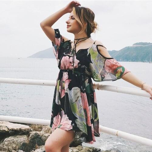 Sexy Ruffles Backless Strap Dress Women Summer Beach V neck Off Shoulder Mini Dresses Chiffon High-quality Printing Short Dress