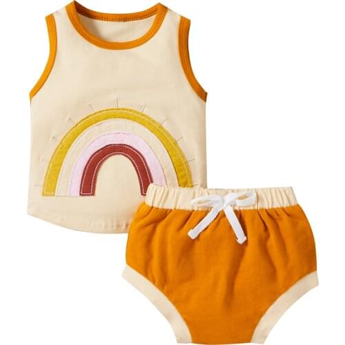 Pudcoco Newborn Baby Girl Clothes Rainbow Printed Pattern Round Collar Vest Shorts Babies Casual Two-piece Clothes Set