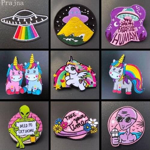 Prajna Rainbow Unicorn Embroidered Patches Iron-On Space Alien Patches For Clothes Starry sky Applique Cartoon Embroidery Badge