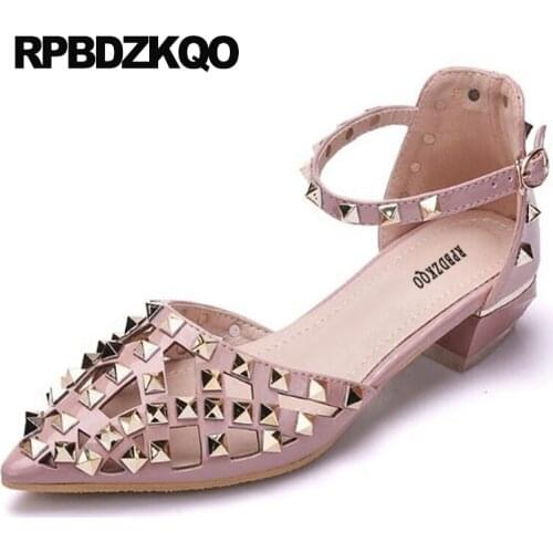 Size 4 34 Pumps Rivet Pointed Toe Pink Ankle Strap Shoes Low Heels Fashion Discount Chunky Stud Sandals High Ladies Patent