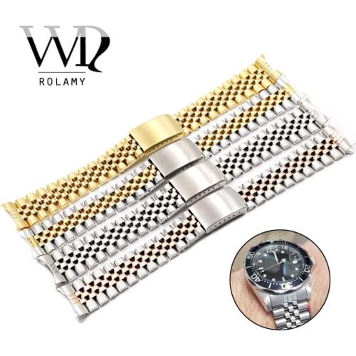 Rolamy 19 20 22mm Stainless Steel Two Tone Hollow Curved End Solid Screw Links Replacement Watch Band Strap For Seiko Rolex