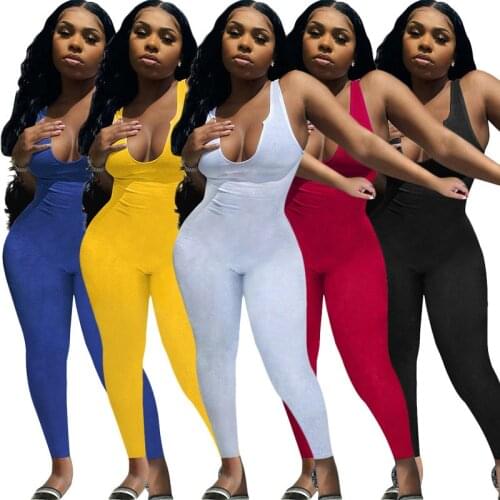 S-3XL Sexy V Neck Tank Sleevelss Jumpsuit Women Long Bodycon Rompers Knitted Bodysuit Overalls Solid One Piece Club Outfit 2021