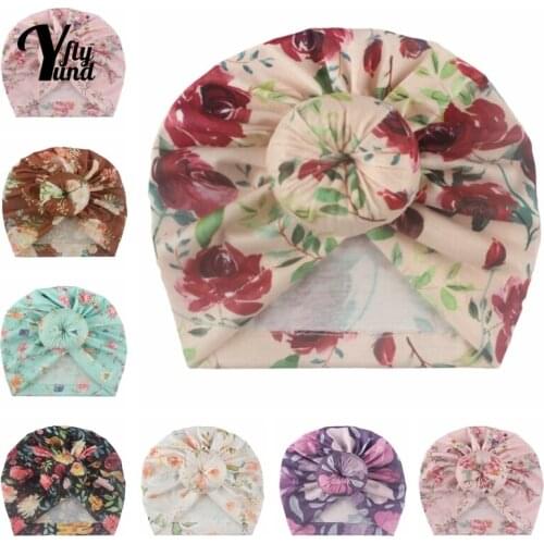 Yundfly 18*17 CM Lovely Flowers Pattern Baby Girl Turban Hat Vintage Print Donut Newborn Caps Children Headwear Hair Accessories