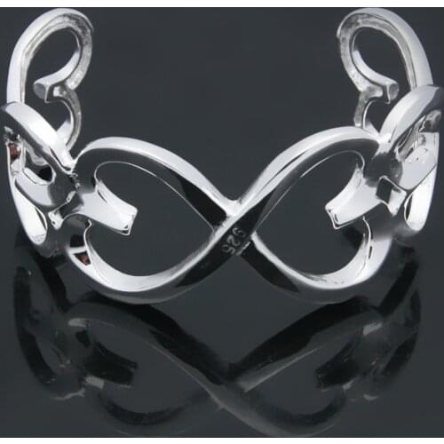 Pure Silver Wide Cuff Bangles For Women Hearts Charm Bangle & Bracelet Adjustable Pulseira Femme Vintage Jewelry Accesories