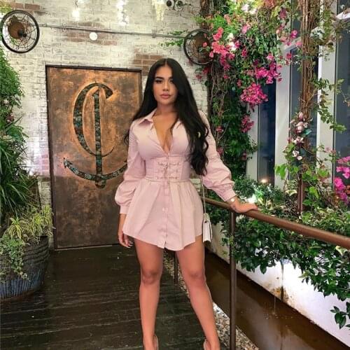 Vestdos 2021Long Sleeve Shirt Dress With Corset Belt Casual Dress Women Vintage Sexy Pink Fashion Party Dresses Mini White