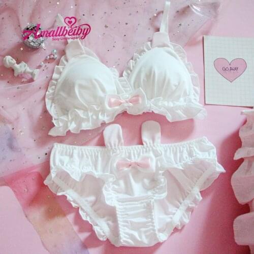 Japanese Soft Girl Lori Cute Girl Heart Lolita Rabbit Ears Underwear No Steel Ring Triangle Cup Bra Set Conjunto Lenceria Mujer