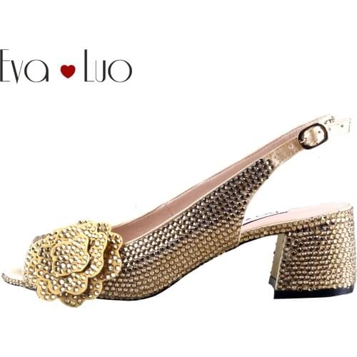 CHS1112 Custom Handmade Block Heel Gold Rose Crystal Slingbacks Women Bridal Wedding Shoes Low Heels Shoes Party Shoes