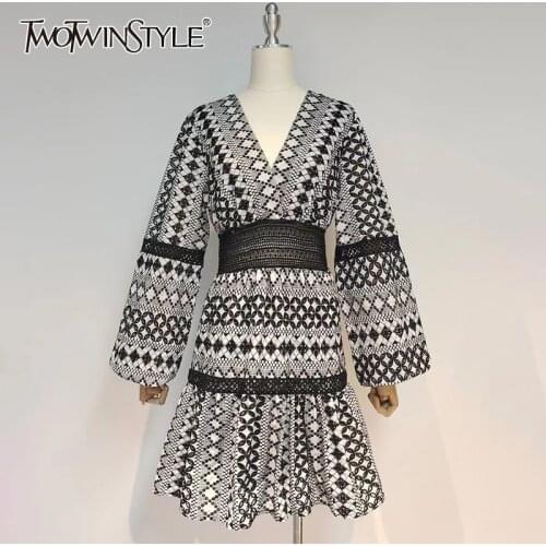 TWOTWINSTYLE Black Embroidery Casual Dress Females V Neck Bishop Long Sleeve Gathered Waist Mini Dresses For Women 2021 Clothing