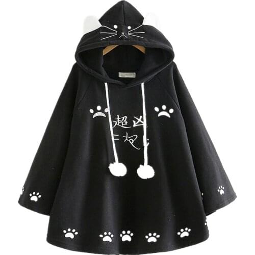Japanese Kawaii Cloak Women Autumn Winter Hooded Poncho Cape Coat Sweet Cat Ear Thick Fleece Batwing Sleeve Animal Pullover Tops