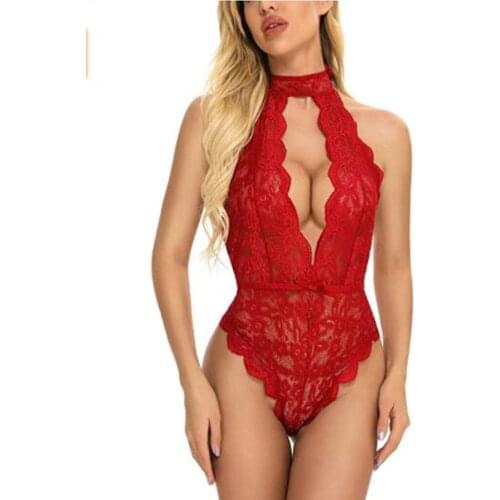 Ladies Sexy Lingerie Lace Jumpsuit Summer Women Flower Embroidery Hanging Neck Tie Up Backless Hollow Perspective Bodysuit