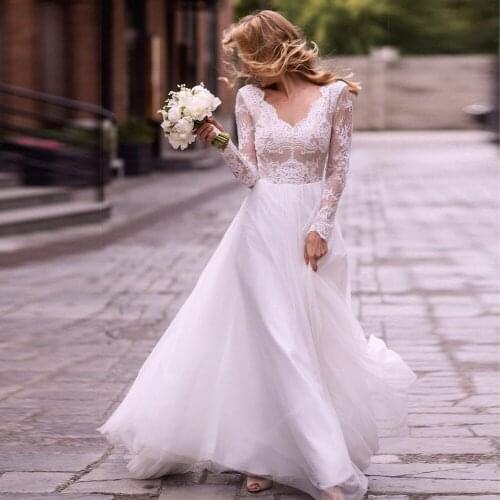 New V Neck Long Sleeve Lace Wedding Dresses 2021 Delicated Appliques Floor Length Bridal Gown Vestido De Novia