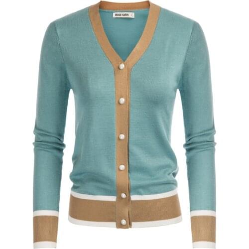 Grace Karin Women Knitted Coats Spring Autumn Tops Soft Contrast Color Cardigan Sweater Knitwear Long Sleeve V-Neck Comfy Lady