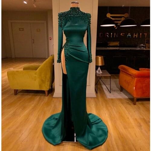 SoAyle High Neck Long Sleeves Evening Dresses Dark Green Pearls Beading Gorgeous Prom Dresses High Slit Sexy Gowns