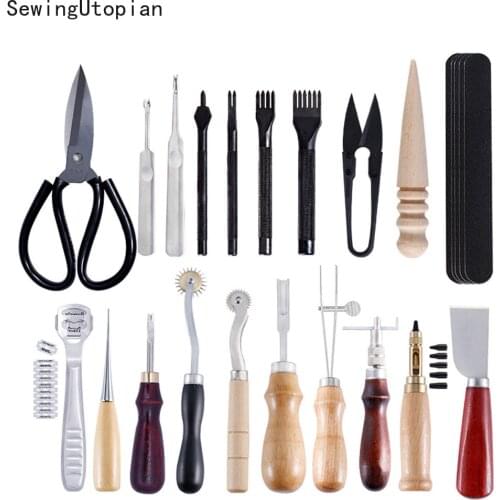 18PCS Professional Handmade Sewing Leather Scissors Knife Craft Tools Kit Punch Stitching Carving Working Groove Accessories