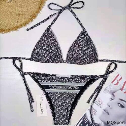 2021 Summer Sexy Bikini Set Women High Waist Print Split Swimsuit Push Up Bandeau Thong Brazilian Biquini Swimwear Bathing Suit