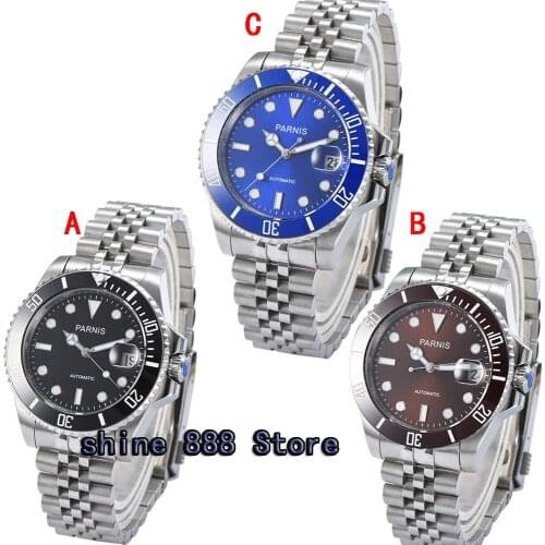 40mm PARNIS black dial date window ceramic bezel miyota 8215 automatic men watch