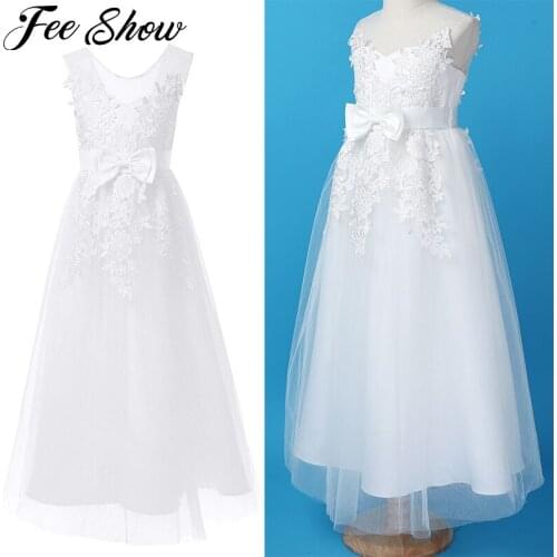 White Kids Girl Sleeveless Mesh Embroidered Lace Bowknot Mesh Tutu Dress for Birthday Party Wedding Bridesmaid Stage Performance