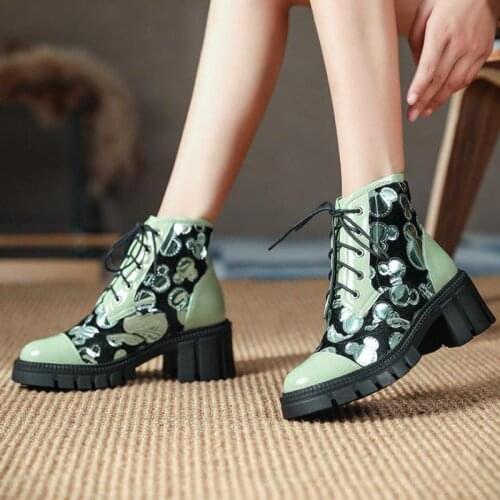 Winter Women Shoes Fashion Mixed Colors Genuine Leather Platform Boots 2020 New Lace-Up Round Toe Handmade Leisure Ankle Boots