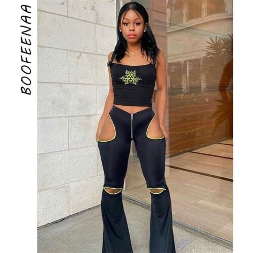 BOOFEENAA Cyber Y2k Low Rise Hollow Out Flare Pants Sexy Black Sweatpants Grunge Clothes Streetwear Trousers 2021 C85-CZ19
