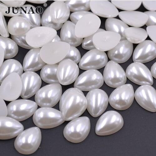 JUNAO 500pcs 6*10mm White Drop Pearl Beads Flatback Plastic Imitation Pearl Scrapbook Half Beads For Jewelry Making Crafts