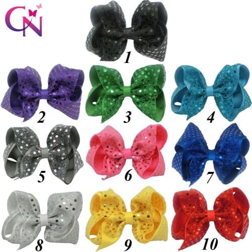 CN 10pcs/lot 5" Plain Sequin Hair Bows Hair Clips For Girls Kids Handmade Boutique Plain Bling Bows Hairgrips Hair Accessories