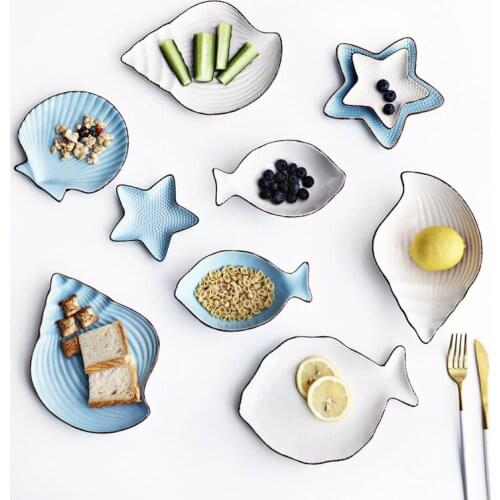 Japanese Ocean Ceramic Breakfast Plat Tableware Whale Fish Dish Shell Starfish Shape Rice Bowl Blue White Porcelain Dinnerware