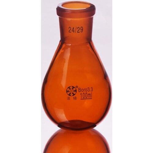 Brown flask eggplant shape,short neck standard grinding mouth,Capacity 100ml and joint 24/29,Brown eggplant-shaped flask