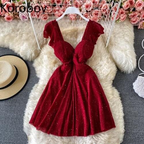 Korobov High Waist Party Dress Women V Neck A Line Dresses Sequined Blingbling Summer New 2021 Vintage Fashion Vestidos Mujer