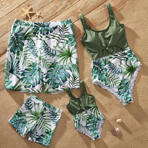 PatPat 2021 New Summer Family Look Leaf Print Stitching Solid Hollow Out One-piece Matching Swimsuits