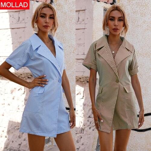 Summer 2021 European and American Womens Clothing Plaid Lapel Short Sleeve Dress