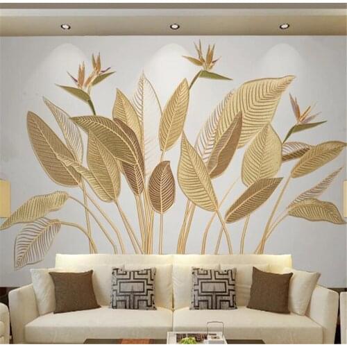 Milofi wallpaper mural strelitzia Nordic style golden relief line living room bedroom background wall decoration painting